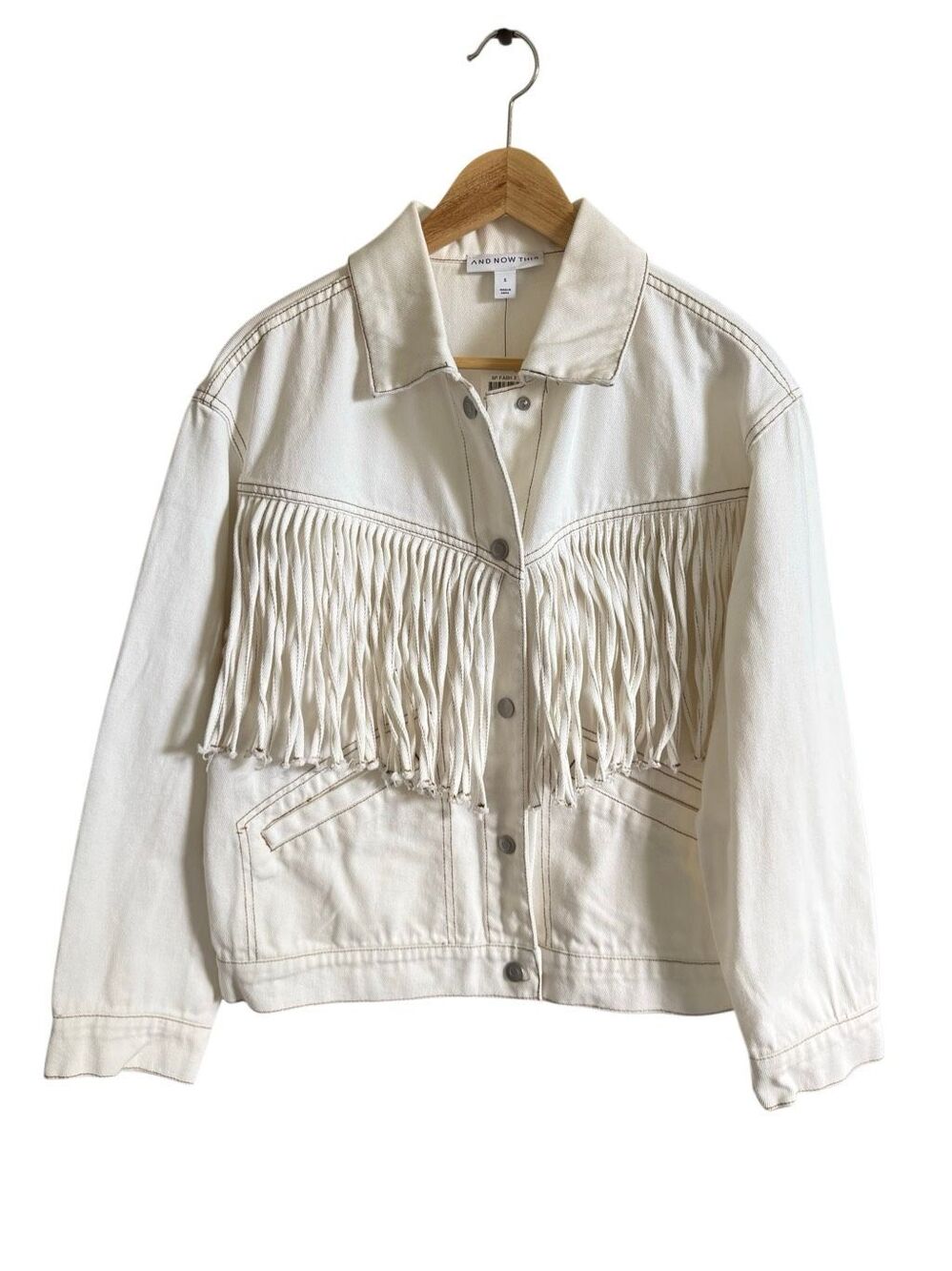 And Now This Fringe Jacket Sz S Ivory Western Boho Denim Style Button Front NWT